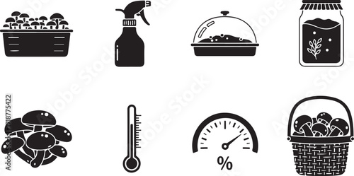 Mushroom Cultivation and Indoor Gardening Icon Set for Home Farming