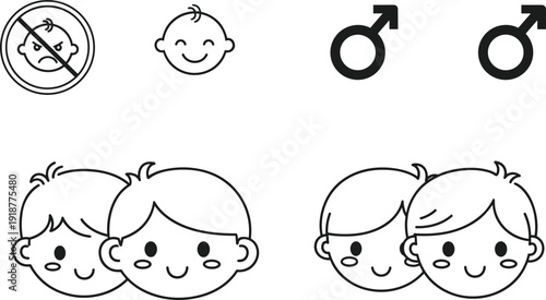 Baby and child icons with gender symbols, twins, demographic vector illustration, playful design for family, parenting, healthcare, identity themes