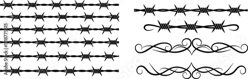 Barbed wire designs, ornamental flourish line art, contrasting harsh security motifs with elegant curves, decorative vector illustration for graphic design
