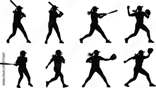 Baseball and softball player silhouettes, sports action poses, batting pitching fielding running catching throwing vector illustration icons