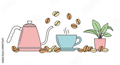 Flat line vector illustration of a coffee brewing set with kettle and cup.