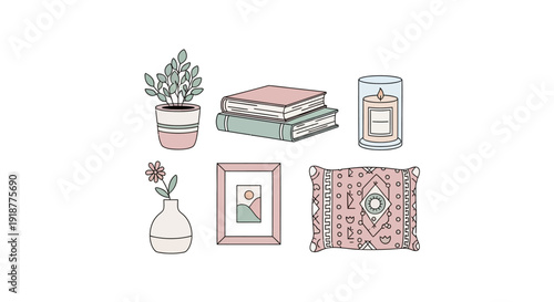 Cozy home decor illustration with plants, books, candle, and pillow.