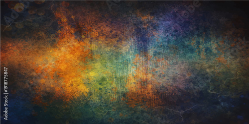 An aged orange and yellow abstract grunge background features a textured fire pattern on stained vintage paper with red paint splatters and a dirty canvas design for a weathered art backdrop