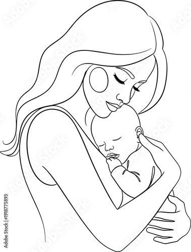 Black and white line art vector illustration of mother holding baby, maternal affection symbol, family care, nurturing love design motif