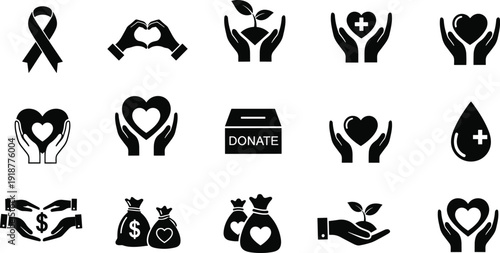 Black and white vector illustration of charity donation icons, hands holding heart, money bag, awareness ribbon, plant growth, healthcare support symbols