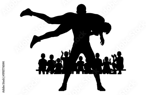 Martial artists performing a dramatic throw surrounded by spectators in a competitive environment