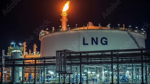 LNG Liquefied Natural Gas Storage Tank at Night with Flare Stack Industrial Plant Facility