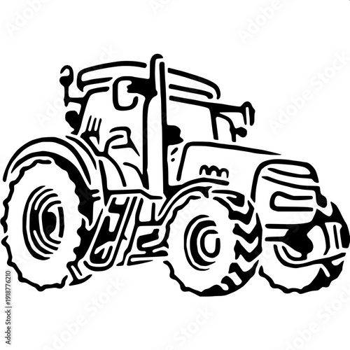 Detailed vector tractor graphic, big tires, engine lines, smoke exhaust, monochrome design