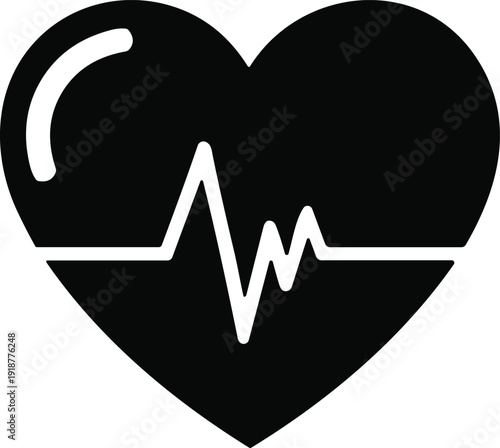 Black heart vector illustration with white electrocardiogram line, glossy highlight design, medical health symbol, heartbeat monitoring, cardiovascular awareness icon