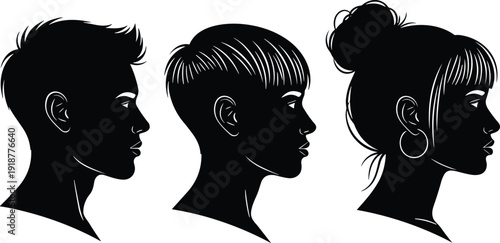 Black silhouette vector illustration of diverse hairstyle profiles, spiked hair, bowl cut, bun with earrings, fashion style, artistic design icons