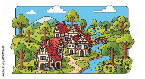 Cartoon Medieval Village Landscape Illustration with River and Trees