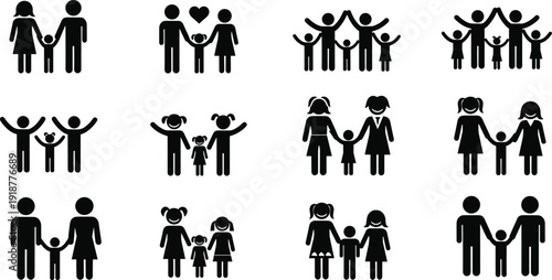 Black silhouette vector illustration of diverse family icons, inclusive modern family structures, parents and children, unity, domestic life, relationship symbols