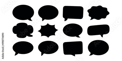 Black speech bubbles on white background black shapes conversation chat symbols dialogue bubbles