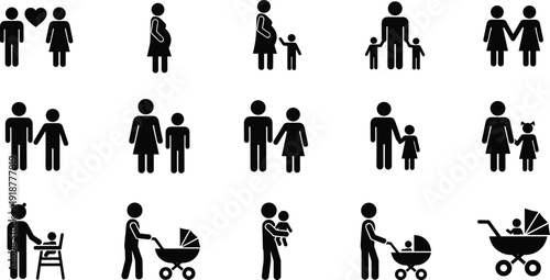 Black silhouette vector illustration of family icons, parenthood stages, pregnancy, childcare, parenting roles, caregiving design motif collection