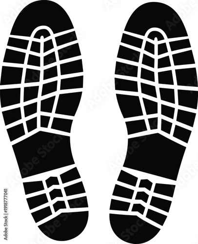 Black silhouette vector illustration of footwear tread shoeprints, detailed sole pattern design, symmetrical footprints icon, forensic tracking, footwear style motif