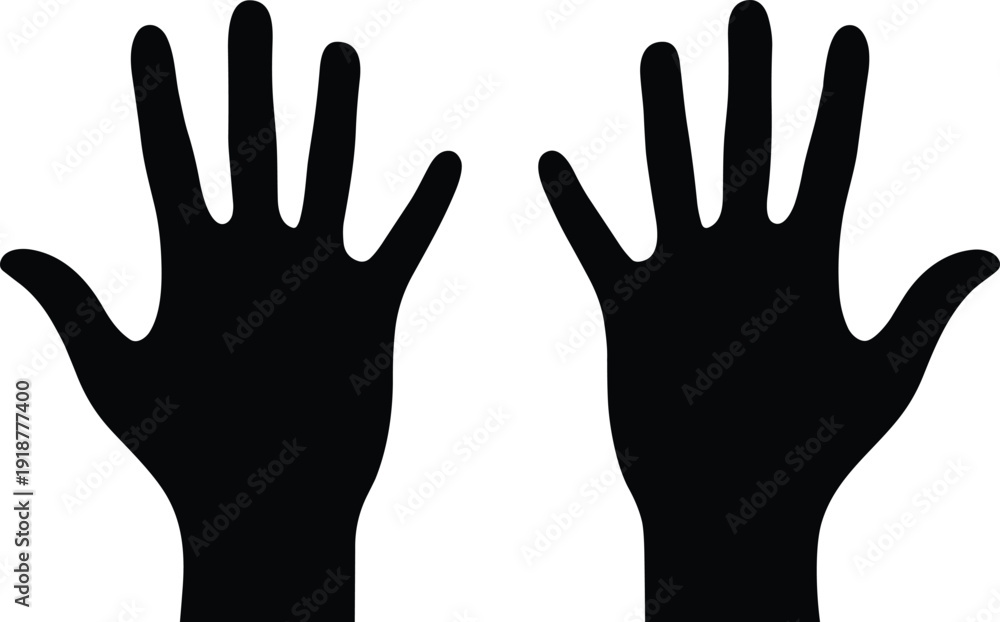 Obraz premium Black silhouette vector illustration of human hands icons, left and right palms spread, symmetry design, anatomy, counting, educational motif