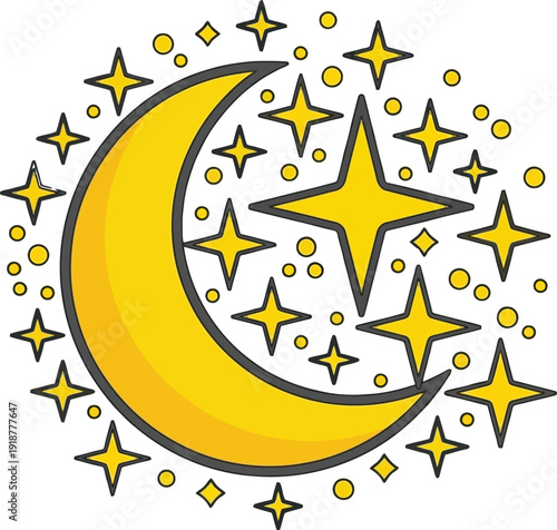 Crescent moon surrounded by sparkling stars creates a magical night sky.