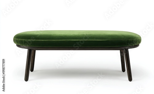 Plush green velvet oval bench on dark wooden tapered legs