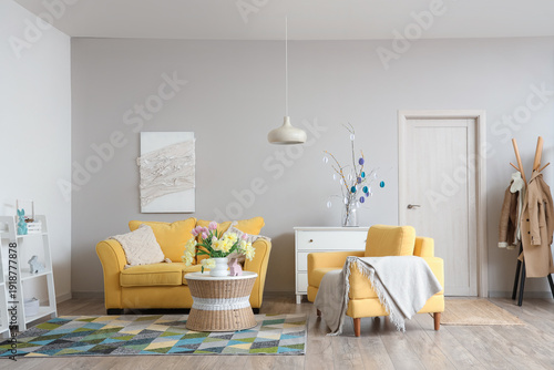 Modern living room with bea...