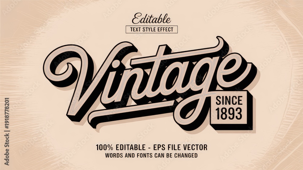 A detailed editable text style effect showcasing the word Vintage in a classic old school retro typography with a shadow and 3D look on a textured bei