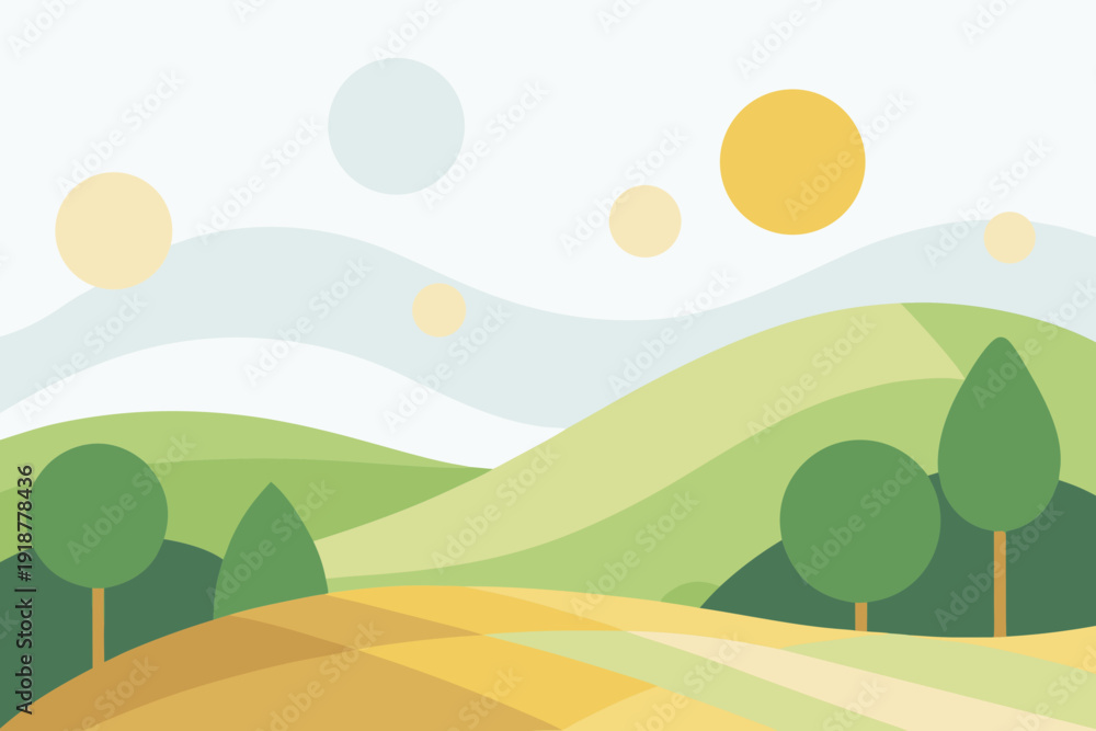 Fototapeta premium A minimalist vector illustration of rolling hills and trees under a stylized sunny sky