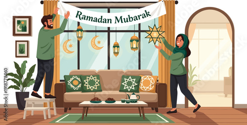 Happy couple joyfully decorates their home interior for a festive.