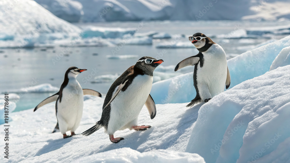 Obraz premium Penguins wearing sunglasses enjoy a sunny day on the ice in Antarctica while standing near the water