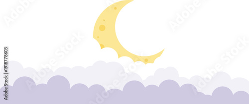 Stylized crescent moon with textured surface floats above soft, puffy.