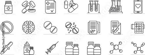 Medical and healthcare line icons set featuring medicine, pills, laboratory tests, prescriptions, treatment, pharmacy, and health technology symbols