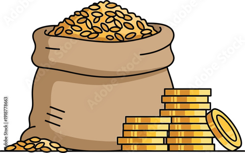 Burlap sack filled with golden grain stands beside a stack of shiny.