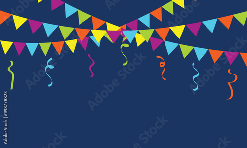 Colorful Party Bunting and Confetti . Festive celebration background with colorful pennant bunting flags and falling confetti streamers, perfect for birthday party invitation or holiday event design.
