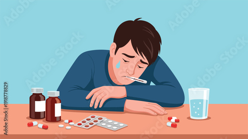Ill man with a sad expression and a thermometer in his mouth sits at a table cluttered with various medicines.