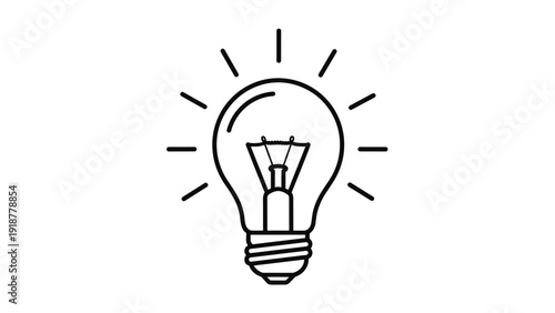 Simple black and white line art of a glowing light bulb representing ideas, innovation, and electrical energy.