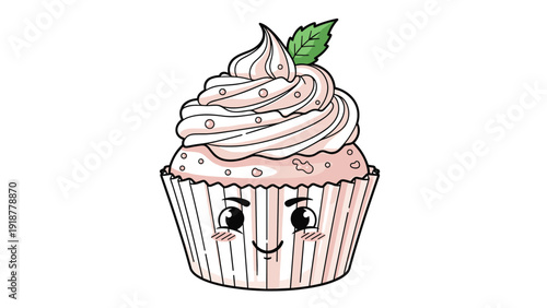 Sweet cupcake character with pink frosting and sprinkles features a cute face and a green mint leaf on top.