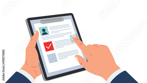 Businessman hands holding a digital tablet and interacting with a survey or medical checklist featuring red and green icons.
