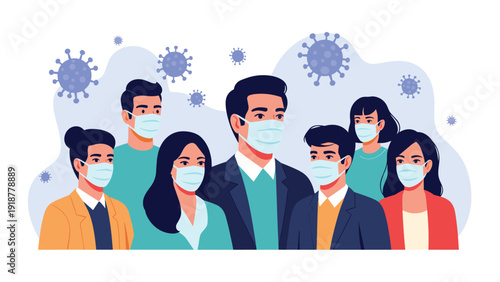 Group of diverse men and women wearing protective face masks against a background of floating virus icons during a global pandemic.