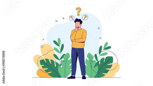 Puzzled man standing among tropical leaves and thinking deeply with question mark bubbles appearing above his head.