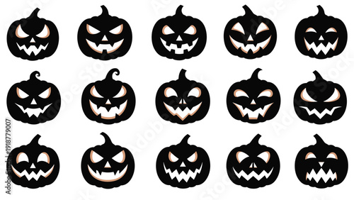 Collection of fifteen different spooky and funny jack-o-lantern pumpkin silhouettes for Halloween holiday decorations.