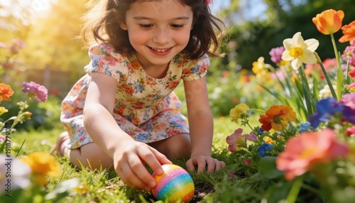 Little Girl Finds Colorful Easter Egg in Spring Flower Garden Sunlight