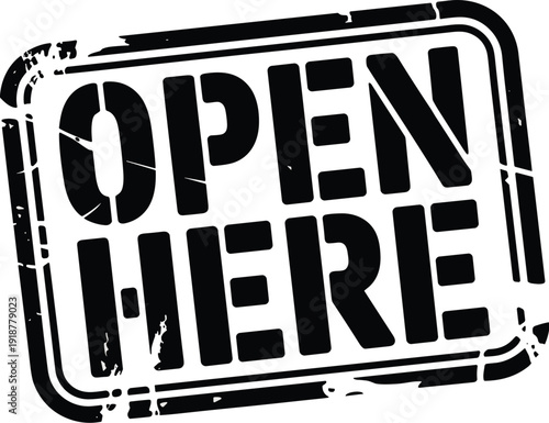 Bold Open Here Rubber Stamp Design: Perfect for E-commerce, Retail Promotions, and Clear Instructions with a Distressed, Grunge Look for Added Impact