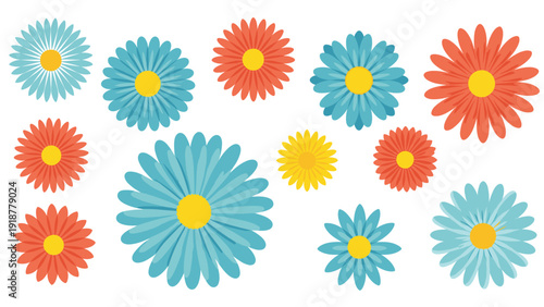 Set of various colorful daisy flower heads in blue, orange, and yellow shades isolated on a white background.
