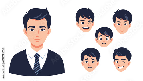 Young businessman character showing various facial expressions and emotions including happiness, sadness, and surprise.