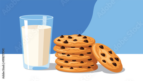 Stack of delicious chocolate chip cookies next to a cold glass of fresh milk set against a blue and white background.