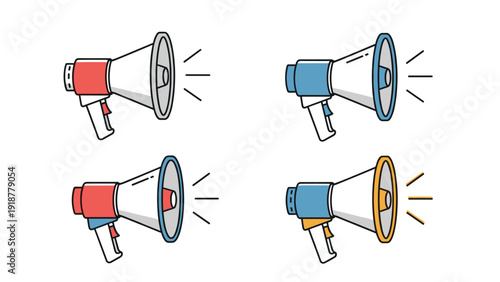 Set of four colorful megaphones and loudspeakers in different styles and colors used for communication and shouting.