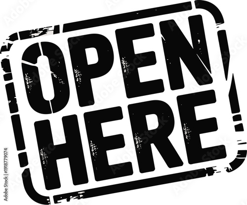 Bold Graphic "Open Here" Stamp Design: High-Impact Visual for Business, Retail, and Advertising with Grunge Texture and Clear Message, Ideal for Call to Action Promotions