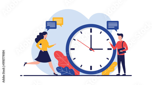 Modern time management concept features a man and woman standing by a large clock while several speech bubbles float above them in the air.