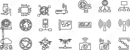 Technology icon illustration set, microscope design, microchip artwork, atomic network motif, wireless router, drone, cloud computing vector collection for communication and digital themes