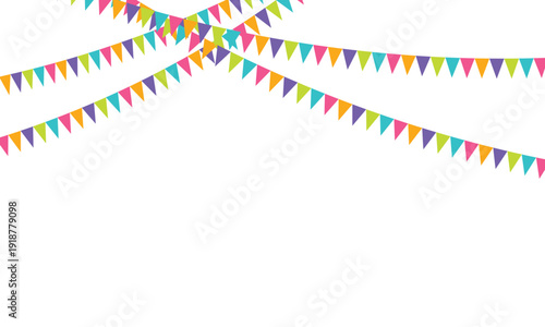 Colorful Party Bunting and Confetti . Festive celebration background with colorful pennant bunting flags and falling confetti streamers, perfect for birthday party invitation or holiday event design.
