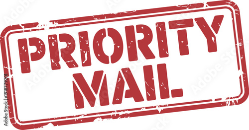 Distressed Red Priority Mail Stamp on White Background: Urgent Delivery, Official Post, Postal Service Notice for Fast Shipping and Handling of Packages and Letters