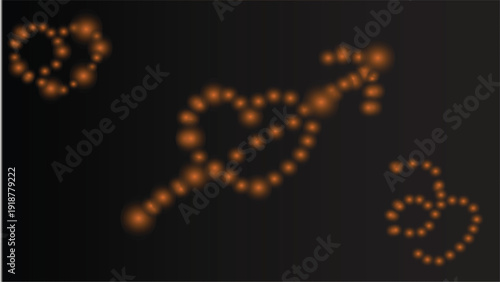 Orange glowing hearts and symbols on black background, abstract love concept